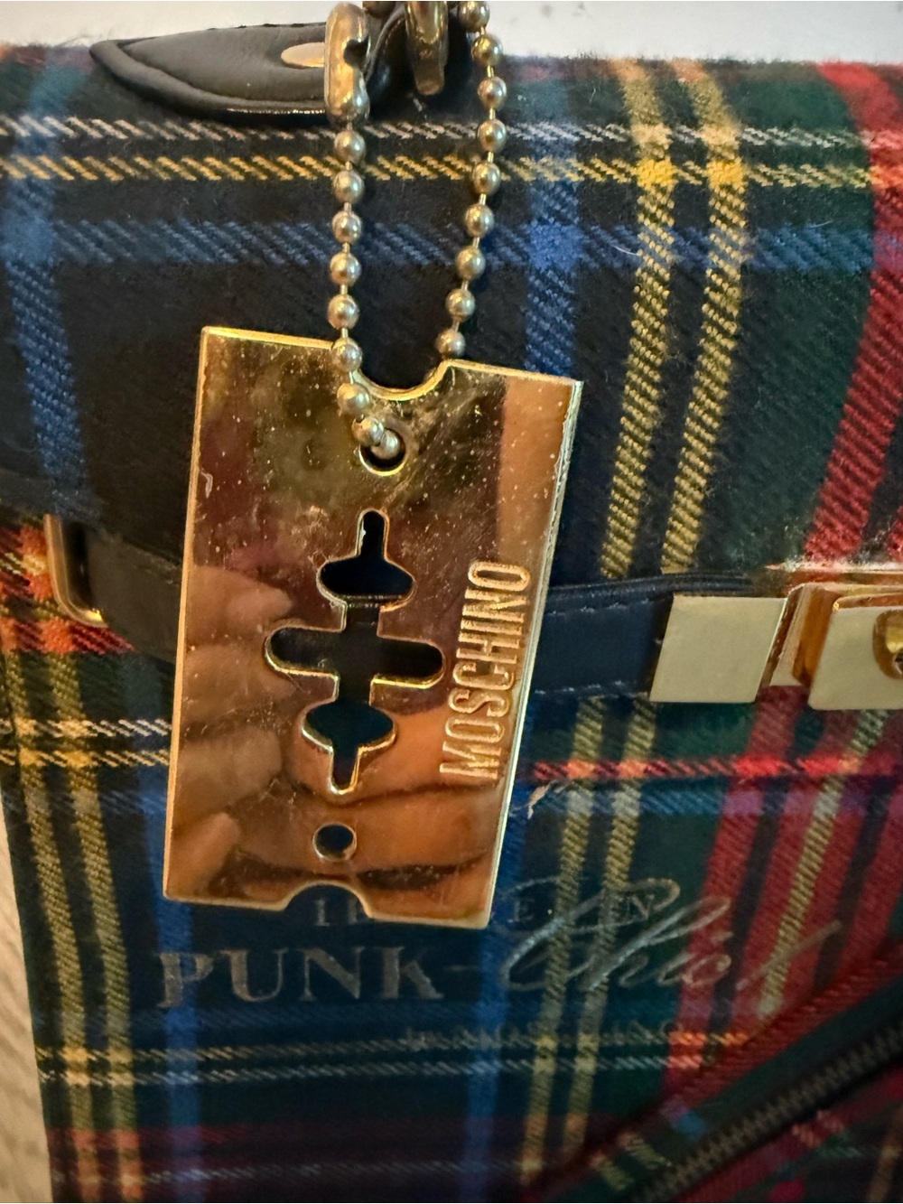 Moschino Vintage I Believe In Punk Chic Razor Blade Pin Plaid Top Handle Bag - Picture 3 of 12